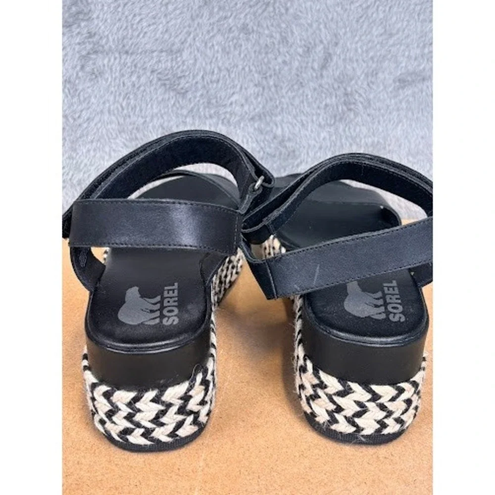 Sorel Cameron Flatform Sandals Black Leather Chevron Espadrille Womens 10 NL4012